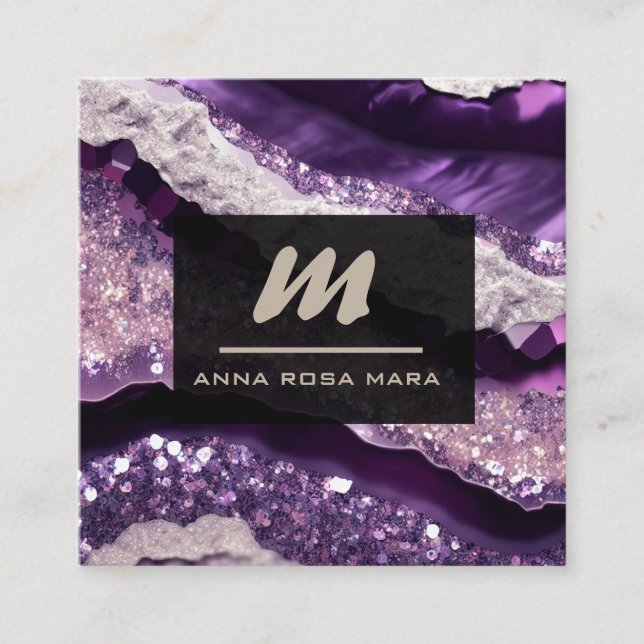 *~* Purple Lavender Glam QR  Luxe Initial AP66 Square Business Card (Front)