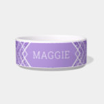 Purple Lavender Glitter Art Deco Pattern Girly Bowl<br><div class="desc">Lovely lavender medium purple printed faux glitter pattern with an art deco-inspired modern geometric overlapping pattern with your cat or dog name printed directly on a white ceramic bowl.</div>