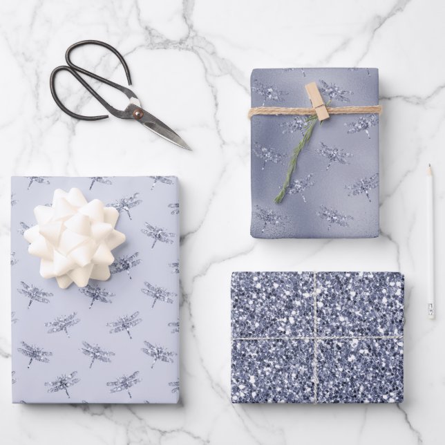 Purple Lavender Glitter Dragonflies   Wrapping Paper Sheets (Front)