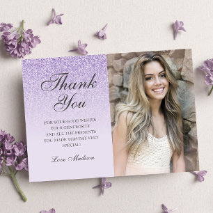 Purple lavender glitter photo thank you Sweet 16 Card