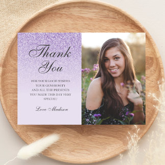 Purple lavender glitter photo thank you Sweet 16 Card