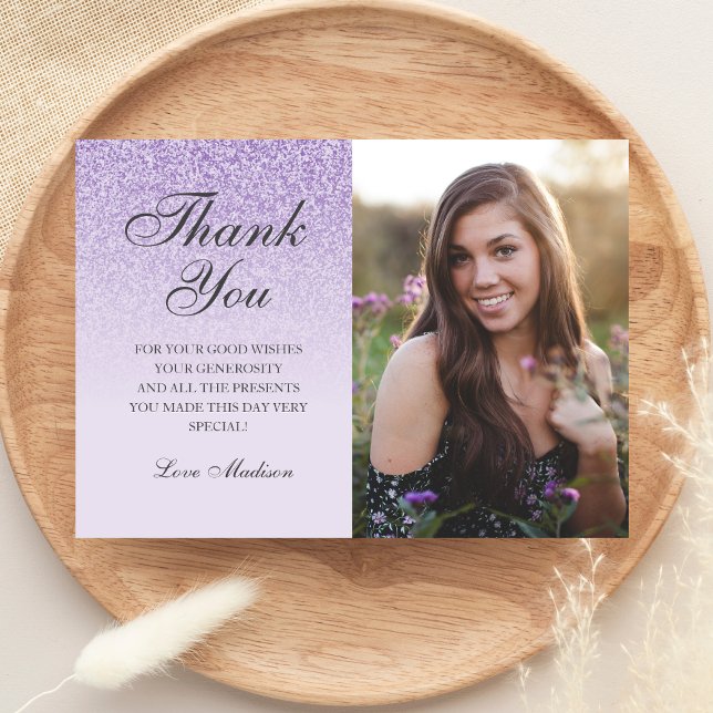 Purple lavender glitter  photo thank you Sweet 16 Card (Creator Uploaded)