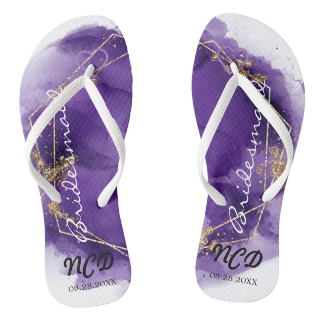 Purple Lavender Gold Bridesmaid Favor Monogram Flip Flops (Footbed)