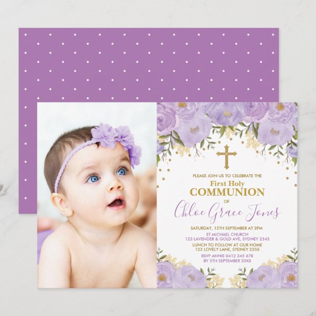 Purple Lavender Gold Floral First Holy Communion Invitation (Front/Back)
