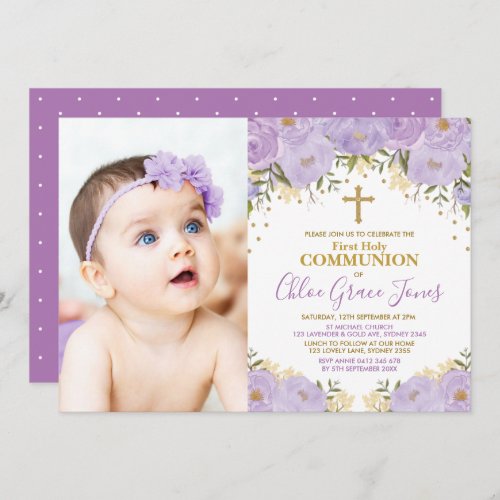 Purple Lavender Gold Floral First Holy Communion Invitation
