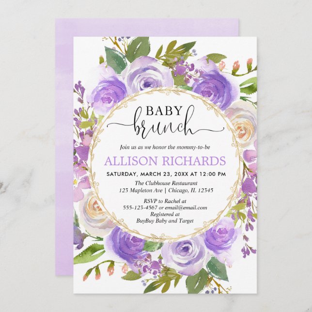 Purple lavender gold floral girl baby brunch invitation (Front/Back)