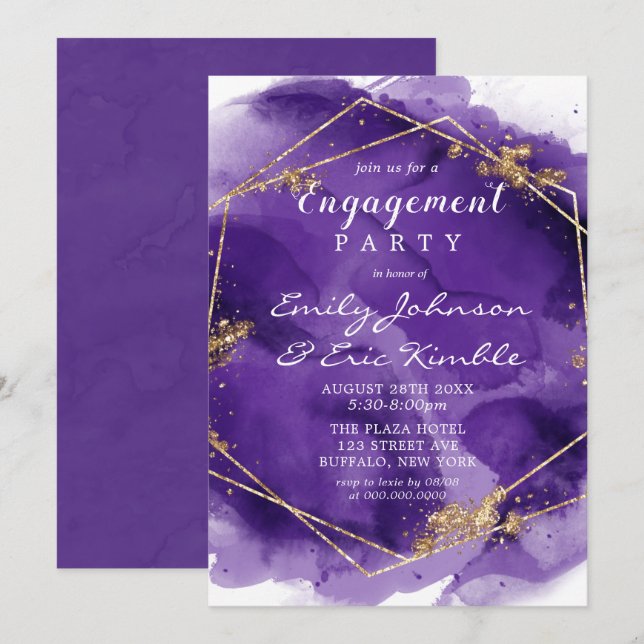 Purple Lavender Gold Paint Engagement Party Invitation (Front/Back)