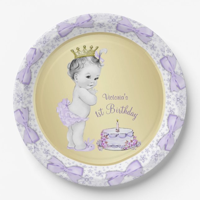Purple Lavender Gold Princess 1st Birthday Party Paper Plates (Front)