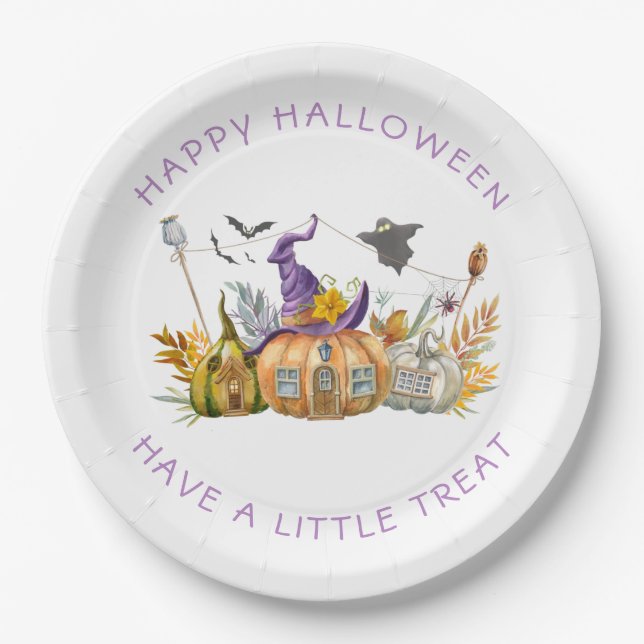 Purple Lavender Gold Witch's Hat Pumpkin House Paper Plates (Front)