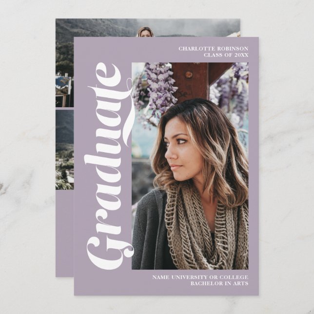 Purple lavender graduate script photo graduation invitation (Front/Back)
