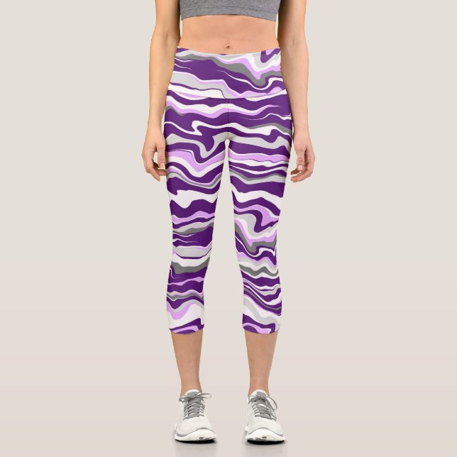 Purple, Lavender, Gray fluid stripes Capri Leggings (Front)
