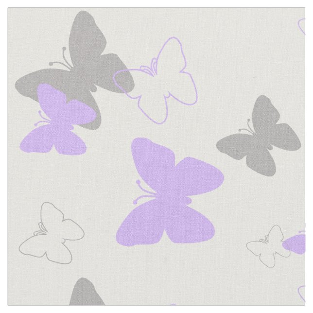 Purple Lavender Gray Grey Butterfly Pattern Fabric (Close Up)