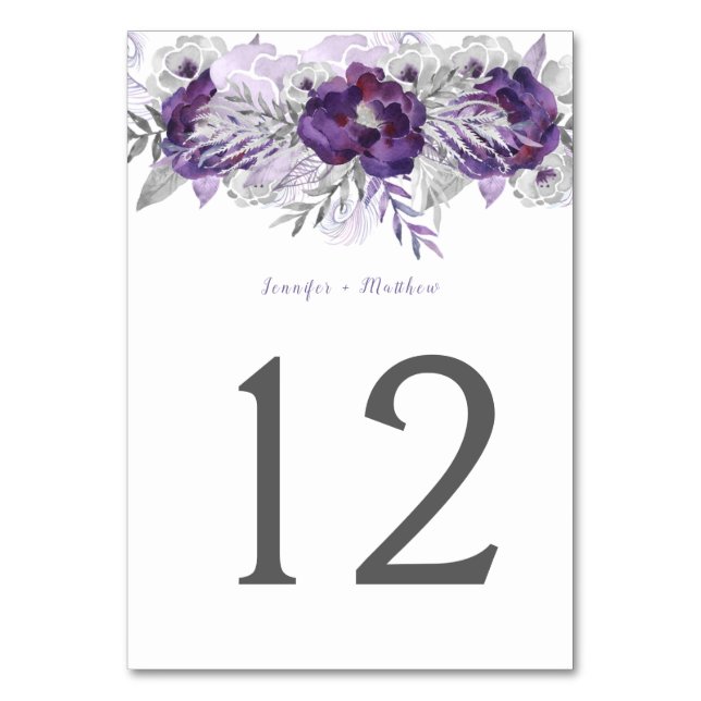 Purple Lavender Gray Watercolor Floral Table | Number (Front)