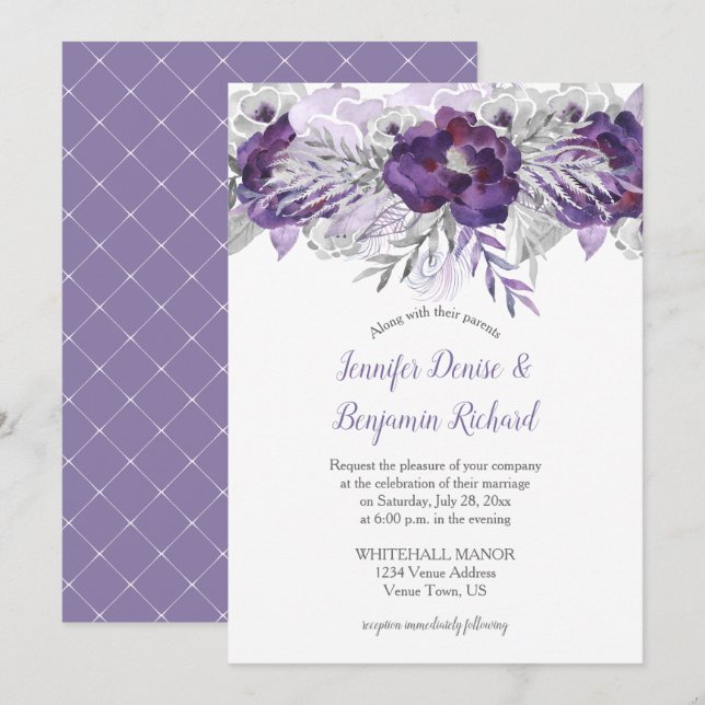 Purple Lavender Gray Watercolor Flowers Invitation (Front/Back)