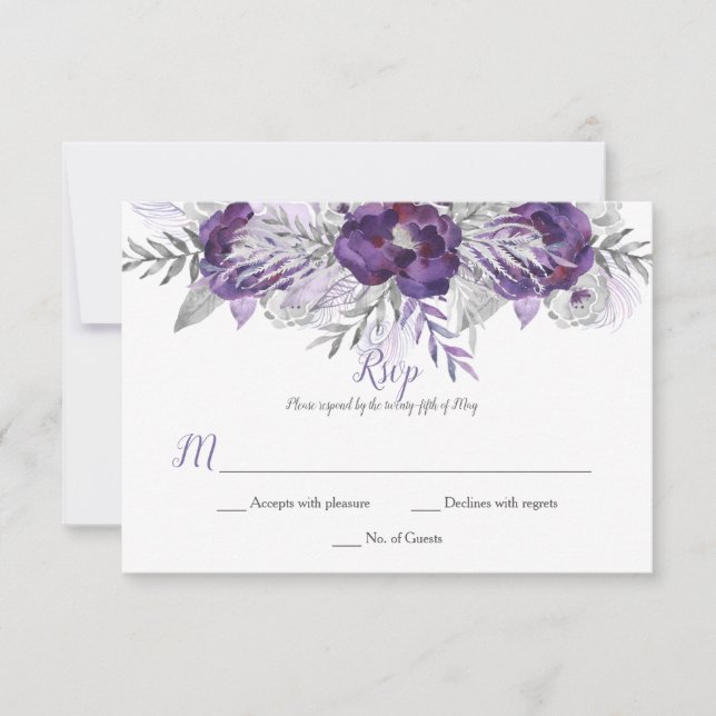 Purple Lavender Gray Watercolor Roses RSVP Card (Front)