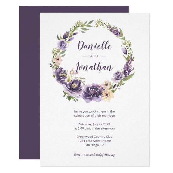 Purple Lavender Green Floral Wreath Wedding Invitation