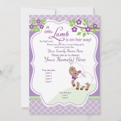 Purple lavender Green Lamb Baby Shower Invitation
