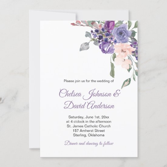 Purple Lavender Green Watercolor Floral Wedding Announcement