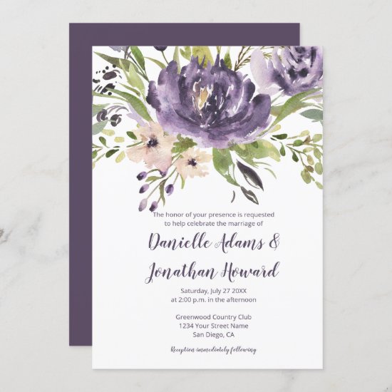 Purple Lavender Green Watercolor Peonies Wedding Invitation