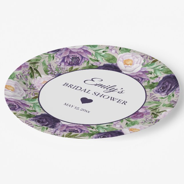 Purple Lavender Greenery Bridal Shower Name Date Paper Plates (Angled)
