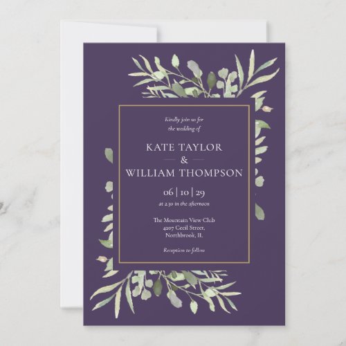 Purple Lavender Greenery Elegant Gold Wedding Invitation