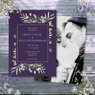Purple Lavender Greenery Gold Photo Wedding Invitation