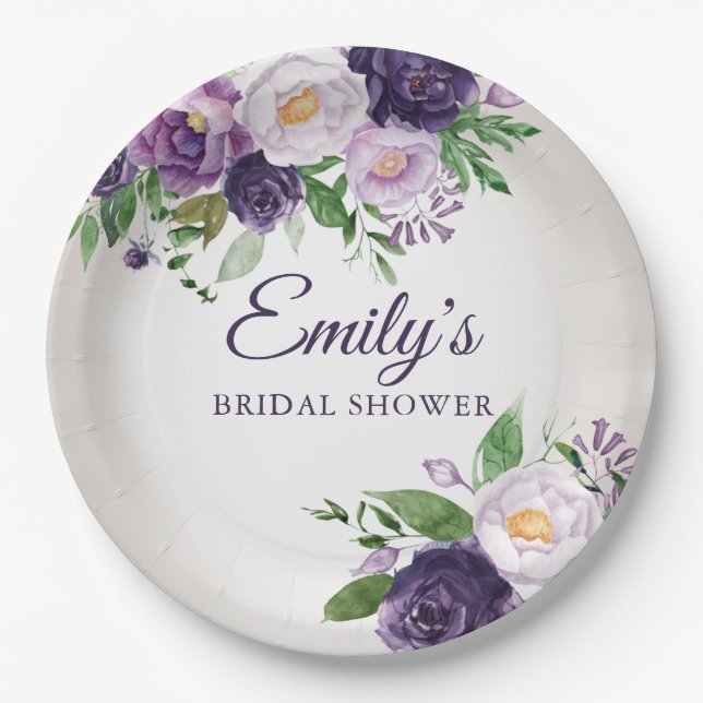 Purple Lavender Greenery Gray Bridal Shower Paper Plates (Front)