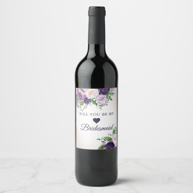 Purple Lavender Greenery Will Be My Bridesmaid Wine Label (Front)