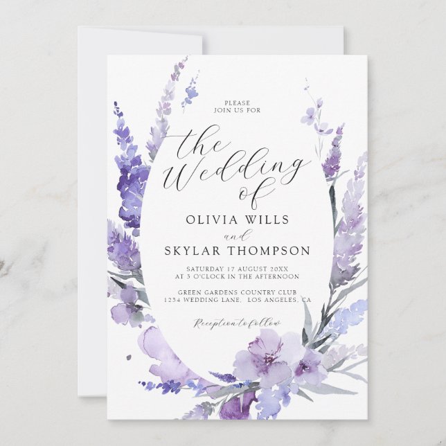 Purple Lavender Lilac Floral Botanical Wedding  Invitation (Front)