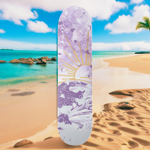 Purple Lavender Lilac Gold Sunset Sun & Sea Waves Skateboard