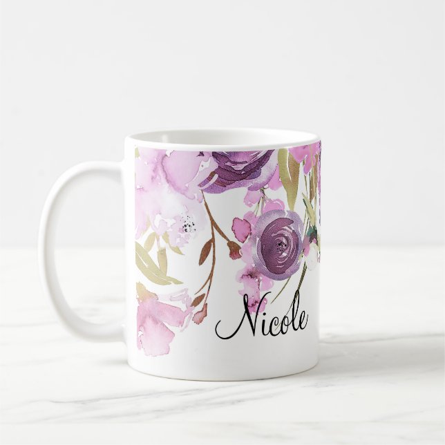 Purple Lavender Lilac Watercolor Floral Chic Coffee Mug (Left)