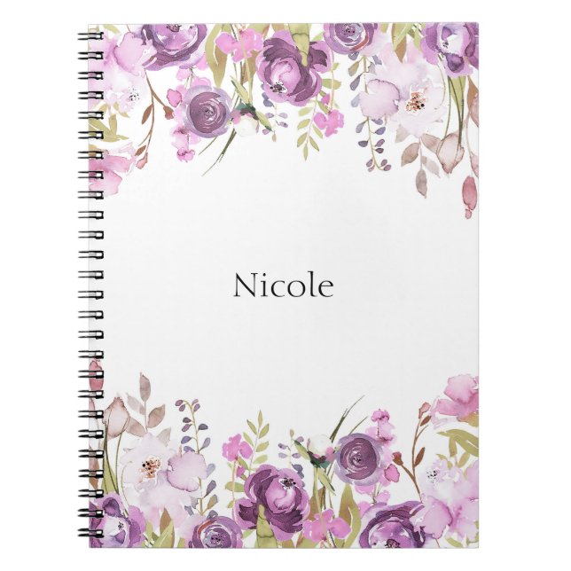 Purple Lavender Lilac Watercolor Floral Chic Notebook (Front)