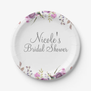 Purple Lavender Lilac Watercolor Floral Wedding Paper Plates