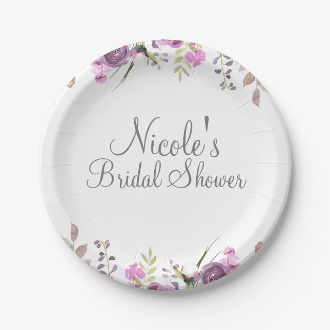 Purple Lavender Lilac Watercolor Floral Wedding Paper Plates (Front)
