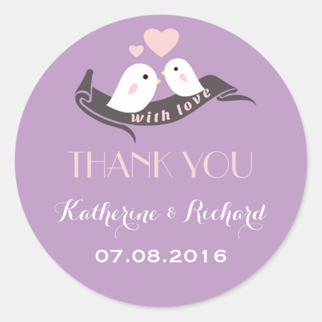 Purple Lavender Love Birds Wedding Favor Sticker (Front)