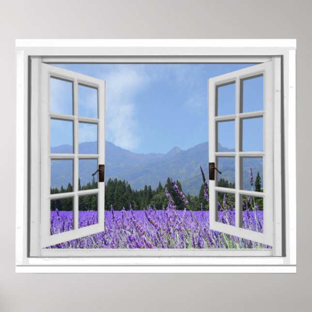 Purple Lavender Meadow Garden View Fake Window Poster (Front)
