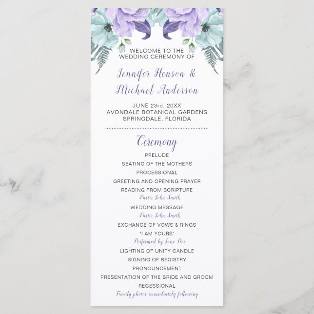 Purple Lavender Mint Floral Wedding Program (Front)
