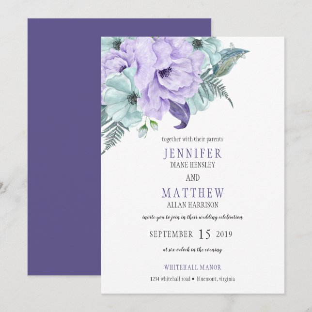 Purple Lavender Mint Peonies Wedding Invitation (Front/Back)