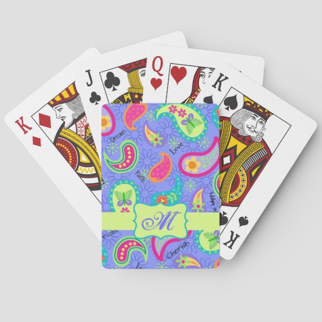 Purple Lavender Modern Paisley Pattern Monogram Poker Cards (Back)