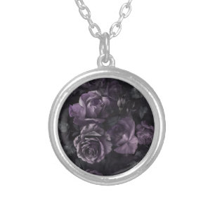Purple Lavender Moody Roses Floral Goth Silver Plated Necklace
