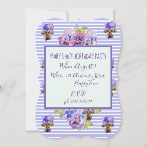 Purple Lavender Pansy 40th Birthday Invitation