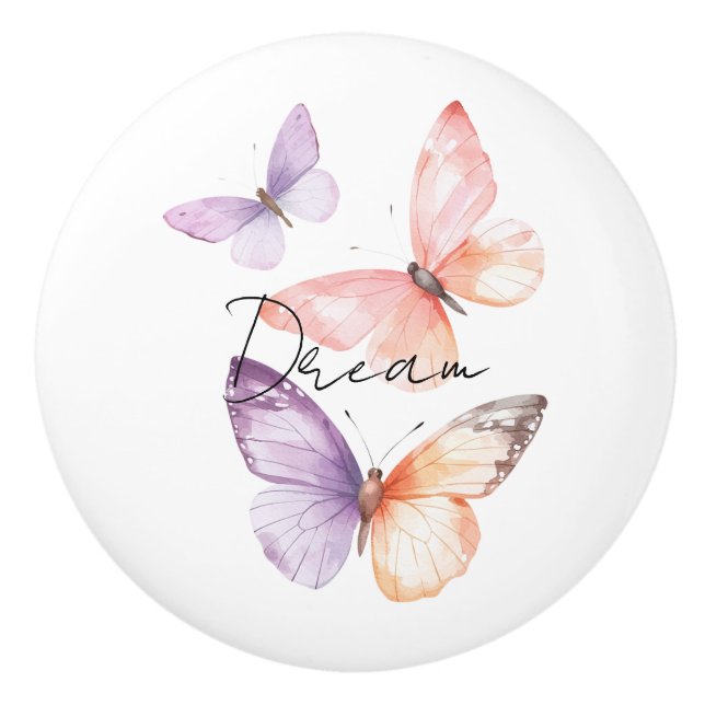 Purple Lavender Peach Butterflies Dream Ceramic Knob (Front)