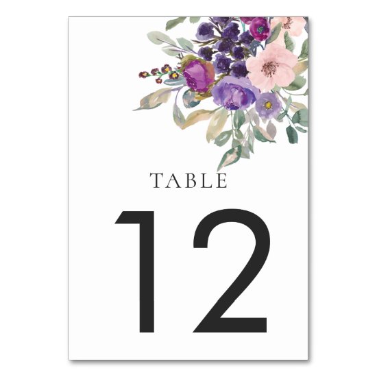 Purple Lavender Peach Mauve Watercolor Flowers Table Number