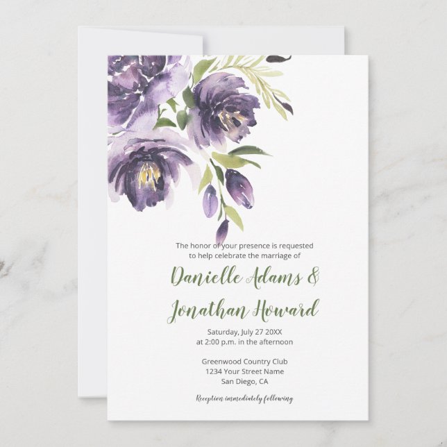 Purple Lavender Peonies - Green Back Wedding Invitation (Front)