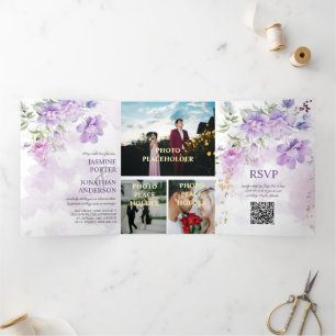 Purple Lavender Peony Floral Tri-Fold Wedding