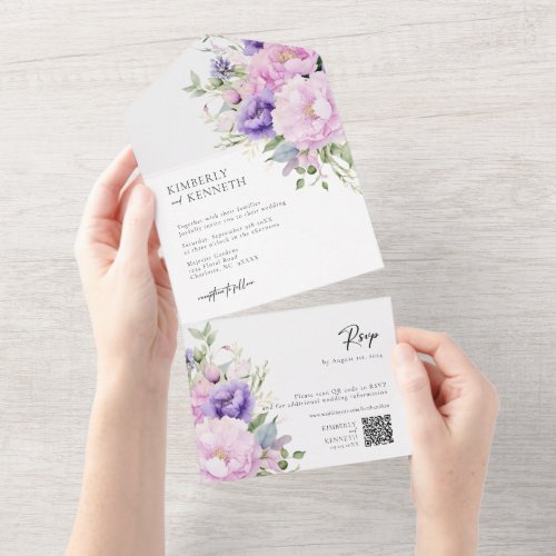 Purple Lavender Pink Floral RSVP QR code Wedding  All In One Invitation