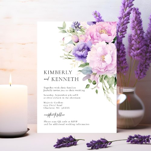 Purple Lavender Pink Floral RSVP QR code Wedding  Invitation