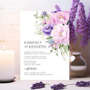 Purple Lavender Pink Floral RSVP QR code Wedding Invitation