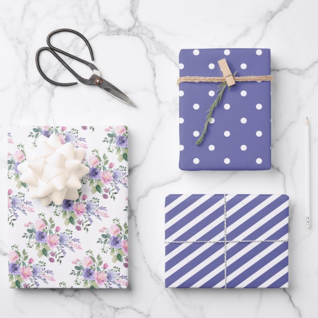 Purple Lavender Pink Floral Wedding Wrapping Paper Sheets (Front)