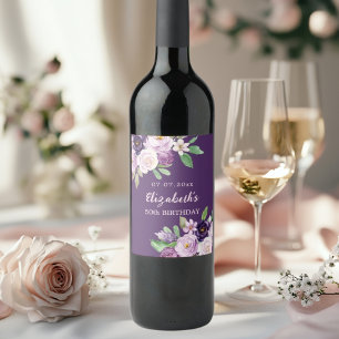 Purple lavender pink florals birthday wine label